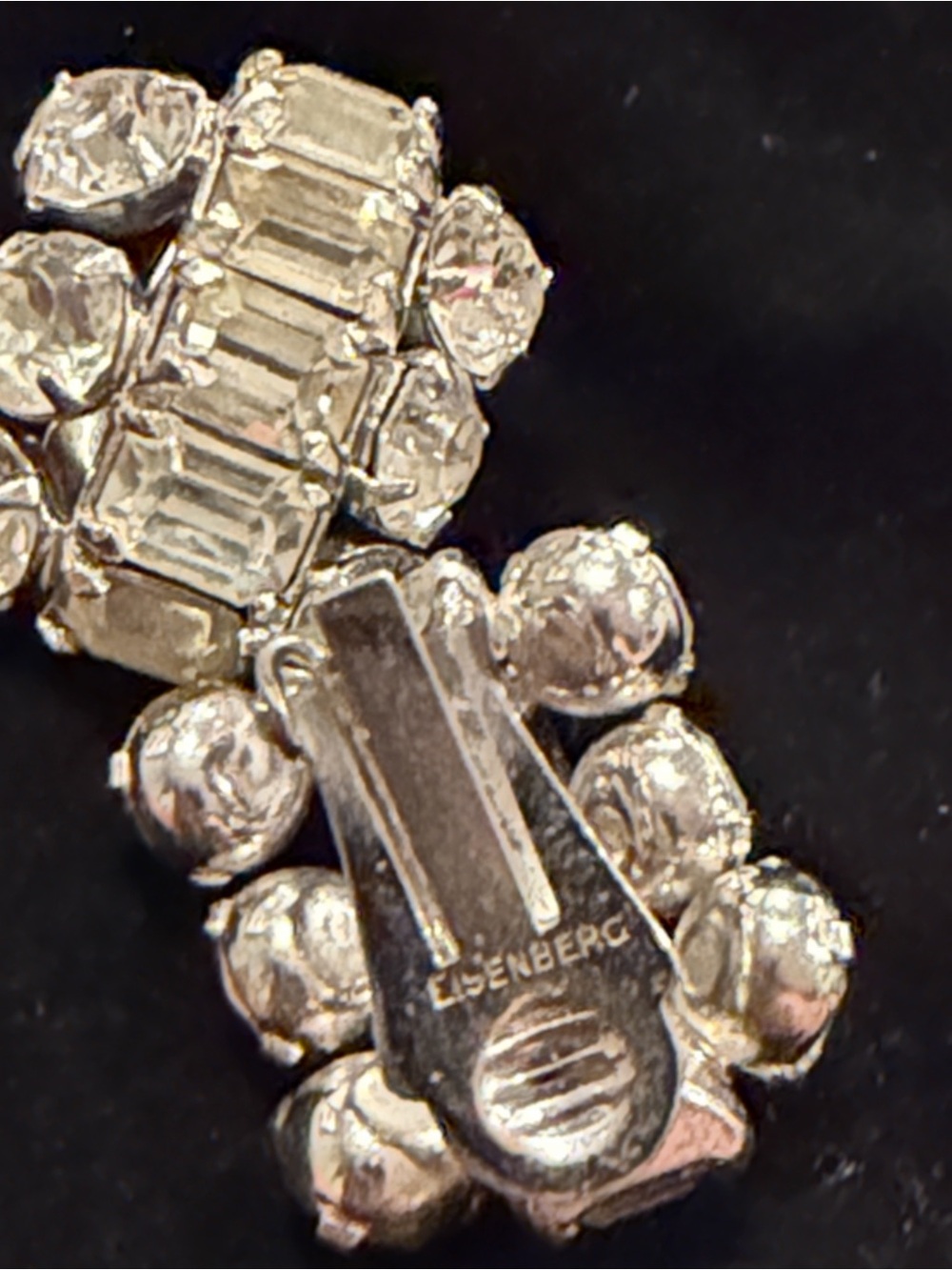 Vintage EISENBERG Emerald Cut Clear Rhinestone Clip Earrings - Picture 3 of 6